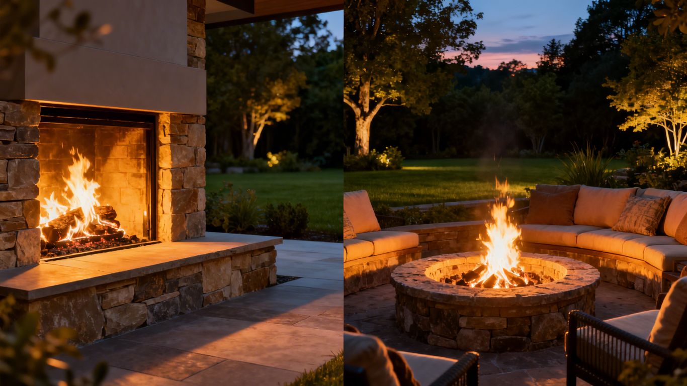 Outdoor fireplace and fire pit comparison in a backyard.