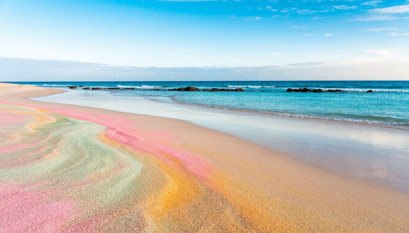 Praia de areia colorida com tons rosados, verdes e dourados diante de um mar azul-turquesa