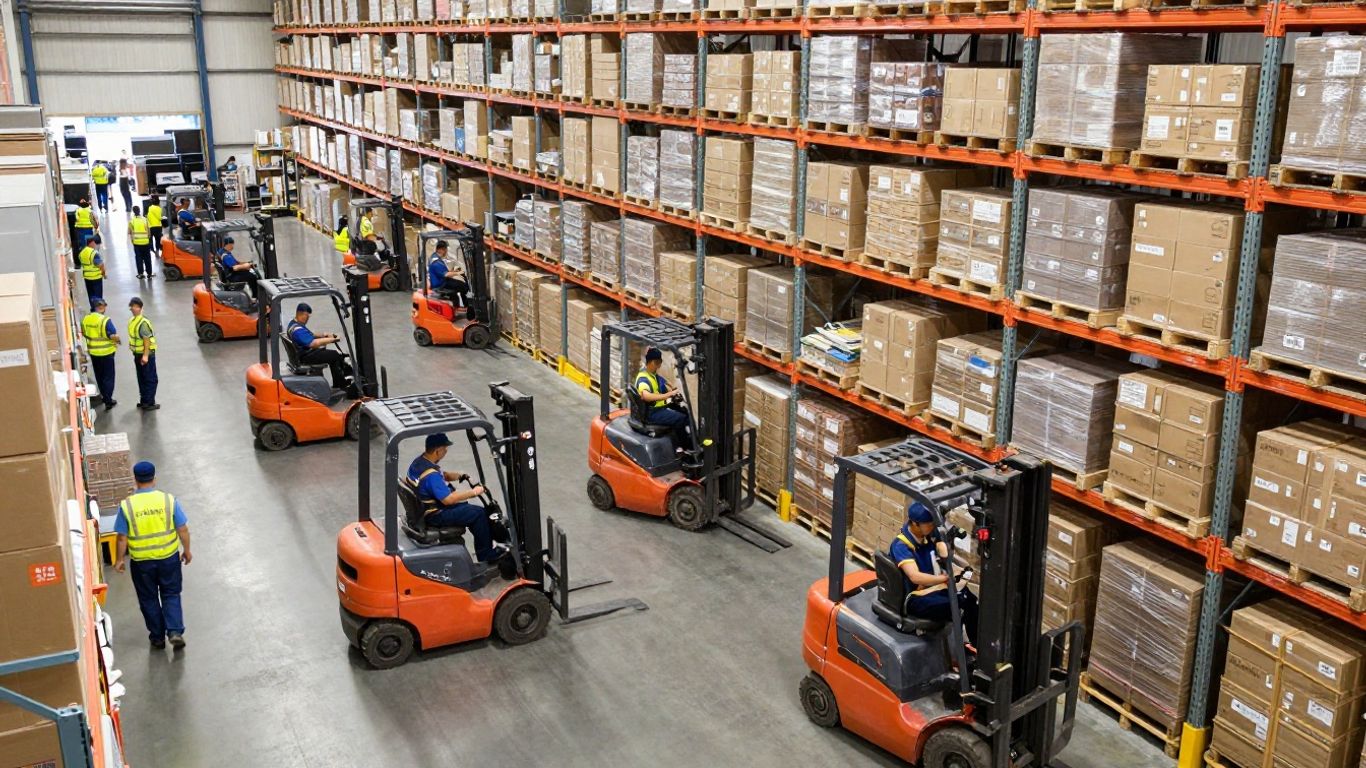 Warehouse operations team working efficiently in a distribution center.