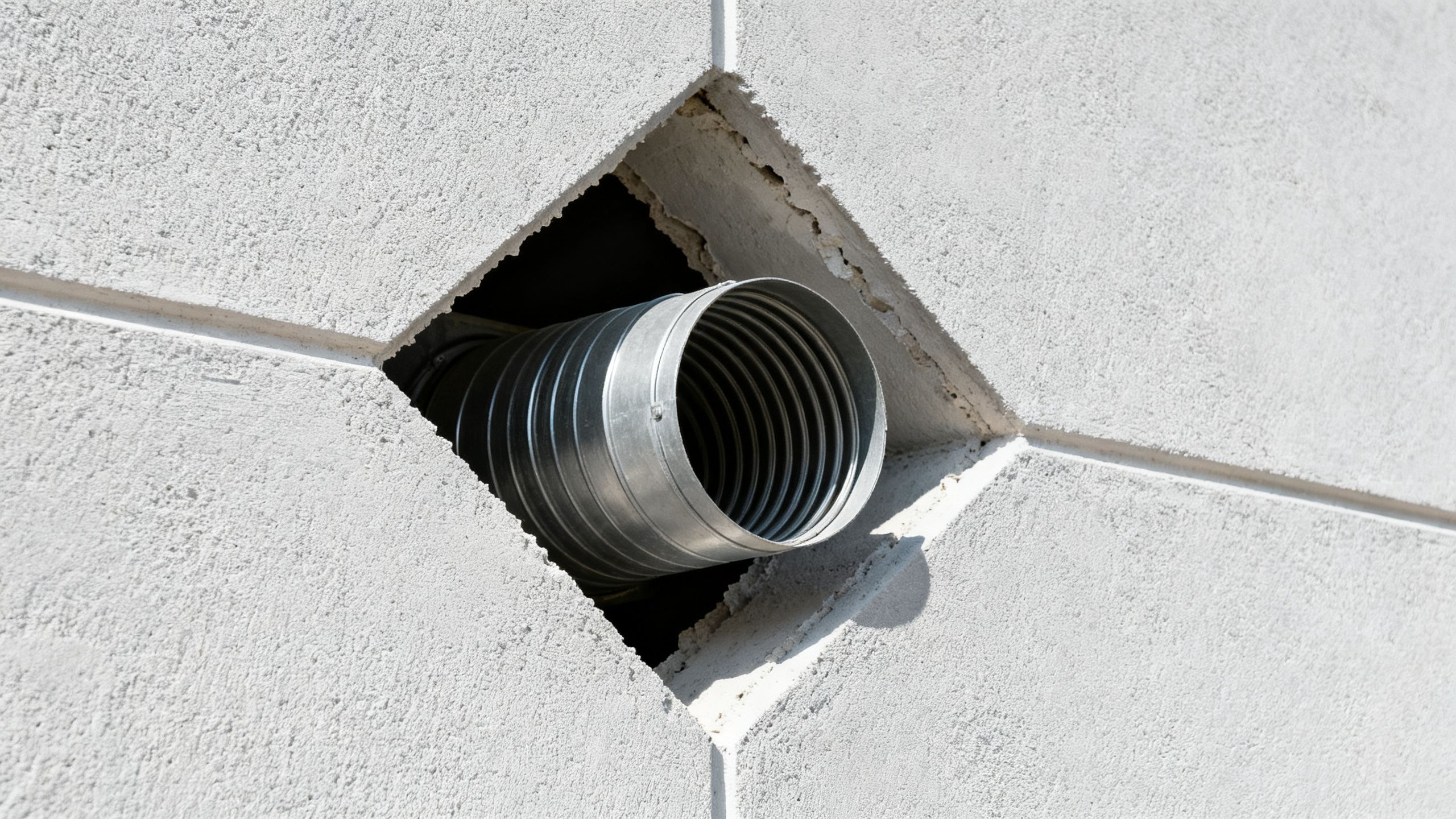 Clean diamond-cored opening through a rendered exterior wall with a ventilation duct fitted neatly through it