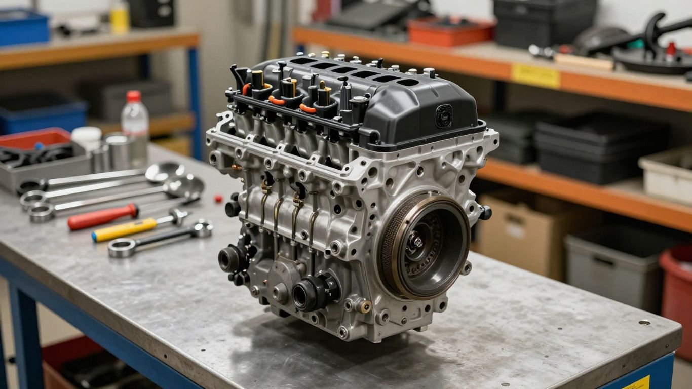 Reconditioned Nissan engine in a workshop setting.