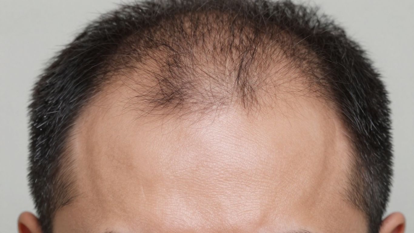 Man's scalp showing thinning hair and potential regrowth.