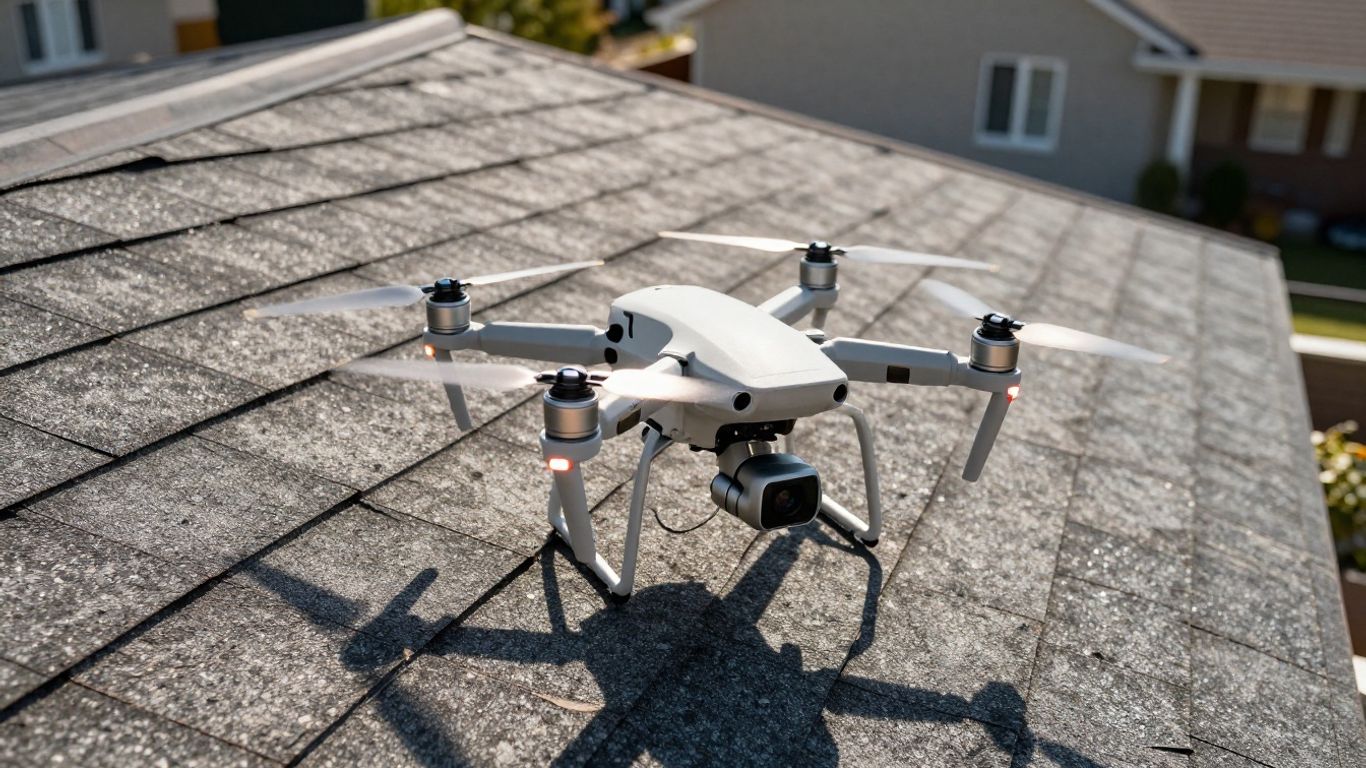 Drone inspecting a residential rooftop from above.