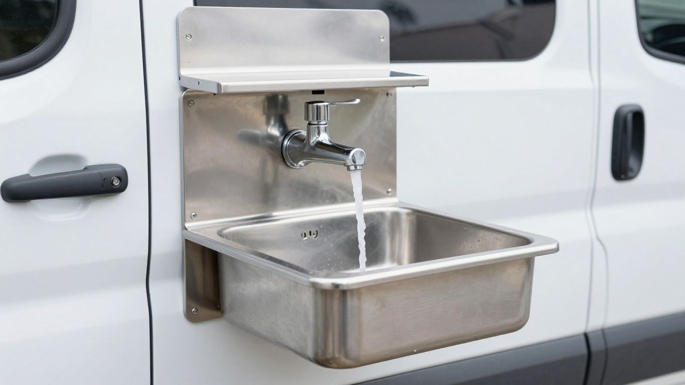 Portable hand washing station on a catering van.