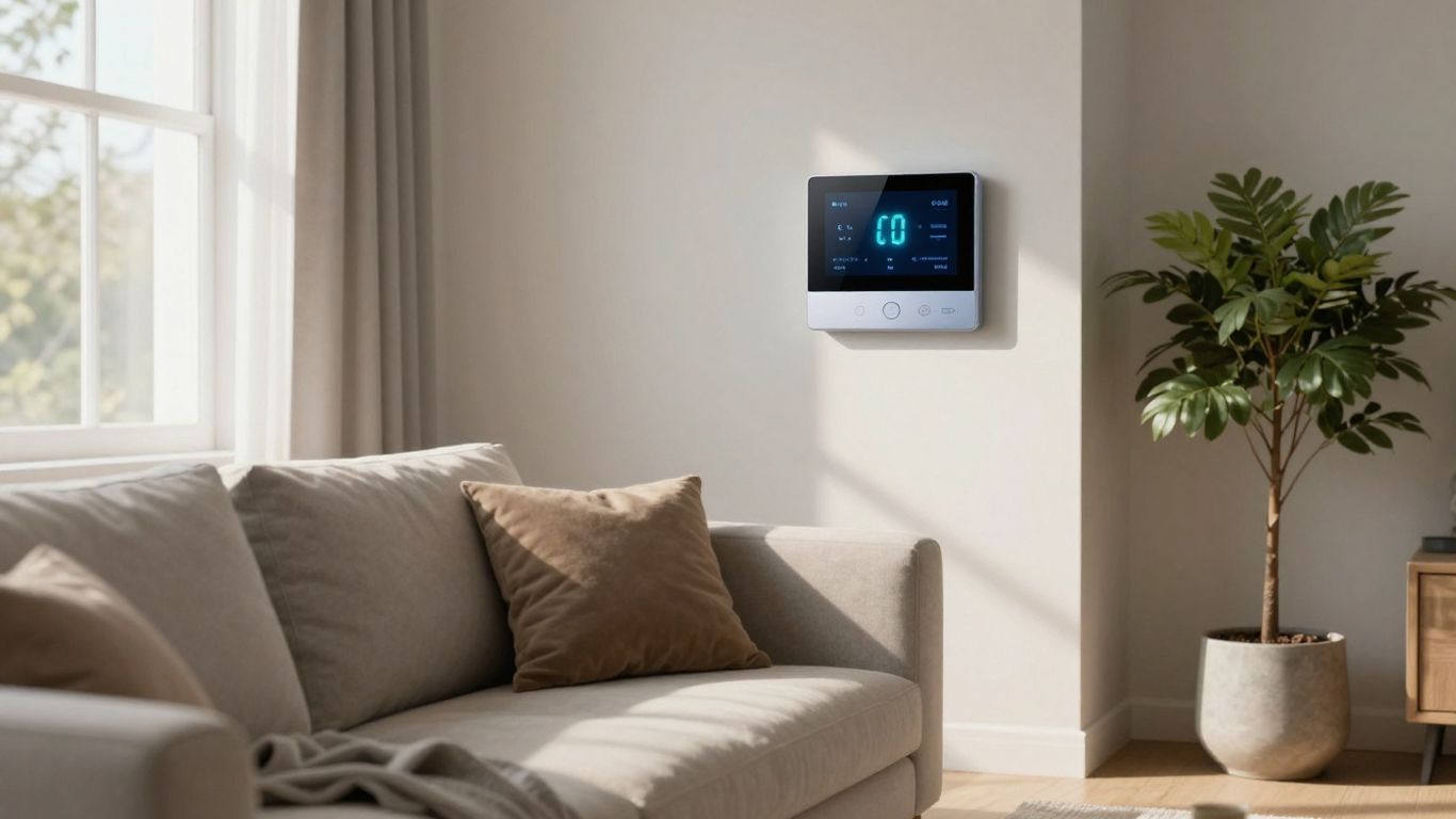 Smart thermostat on a living room wall.