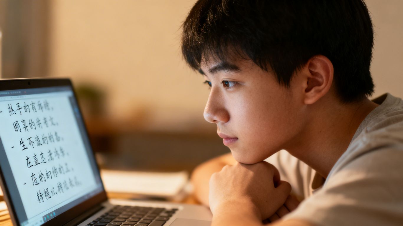 Person learning Mandarin Chinese online on a laptop.