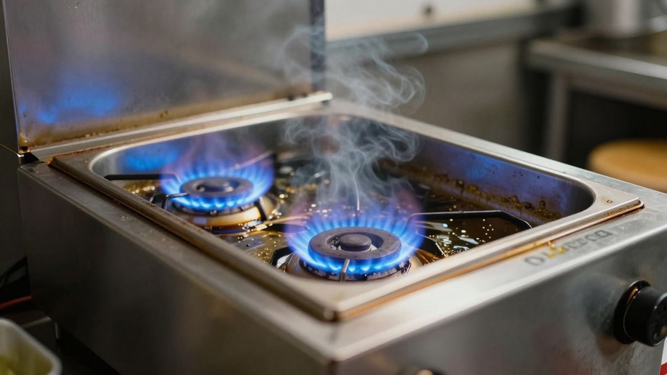 LPG fryer with blue flames in a food truck.