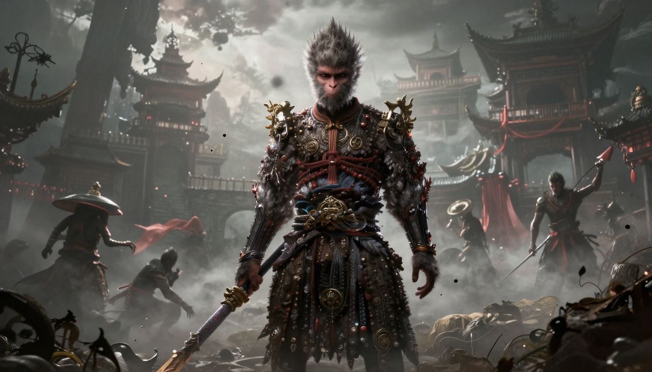 Arte conceitual de Black Myth: Wukong mostrando o Rei Macaco diante de um cenário mitológico chinês