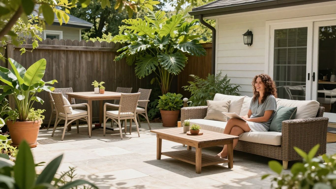 Happy homeowner enjoying a renovated backyard patio.