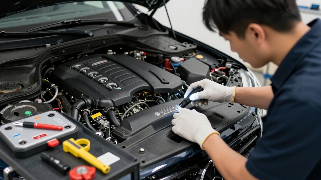 Technician inspecting a clean Mercedes engine