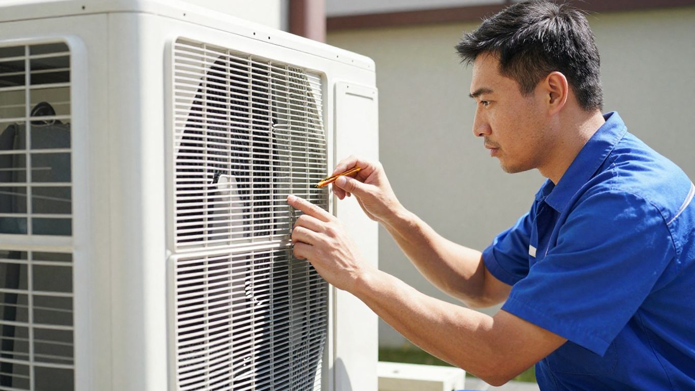 Licensed contractor inspecting an air conditioner unit.