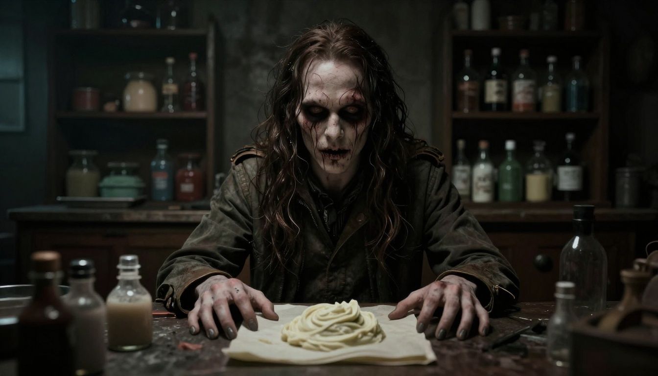 O antagonista Rod Sullivan em uma fábrica de sorvetes sinistra com iluminação sombria e atmosfera de terror