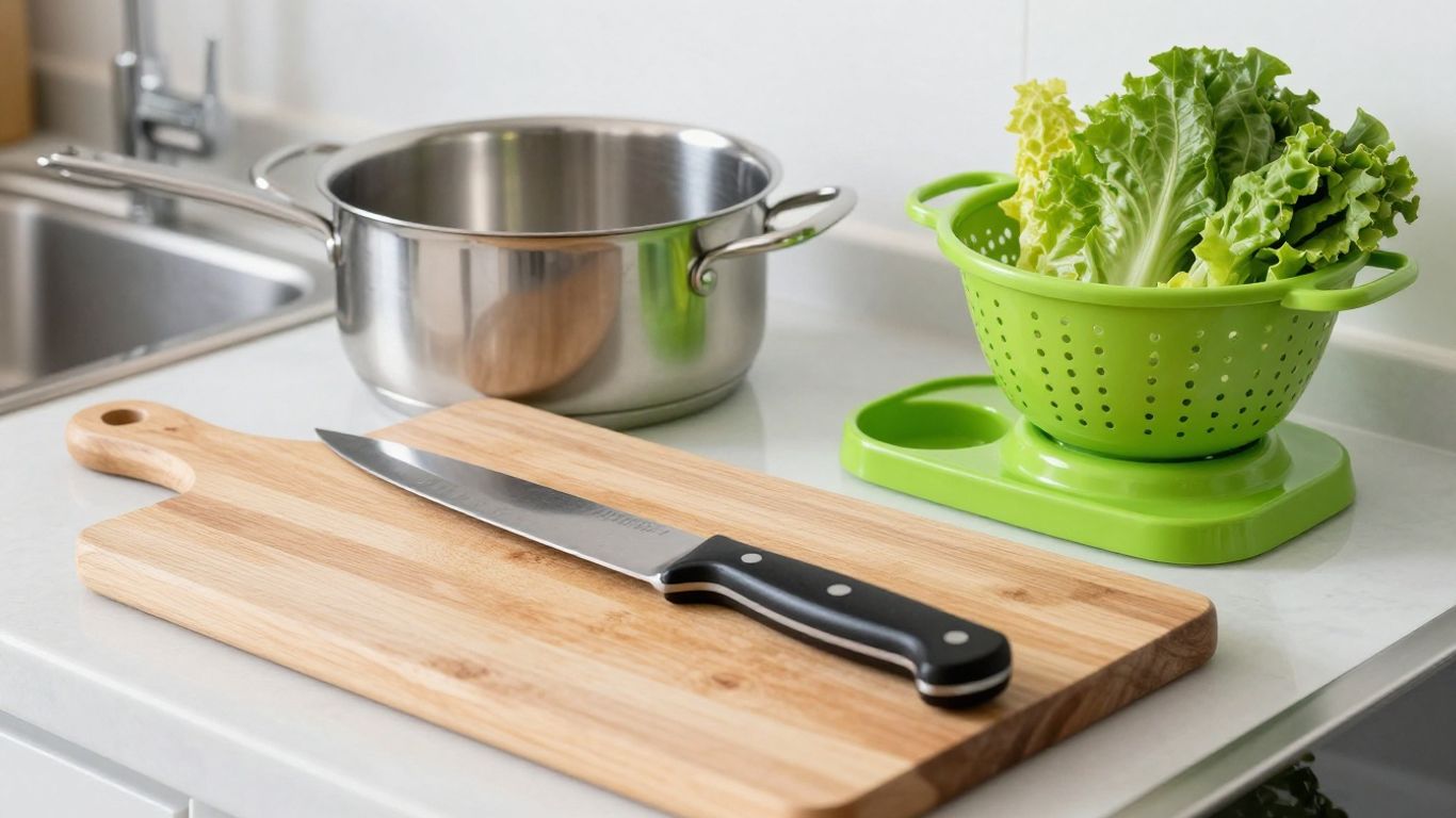 Kitchen knives, cutting board, pans, and salad spinner.