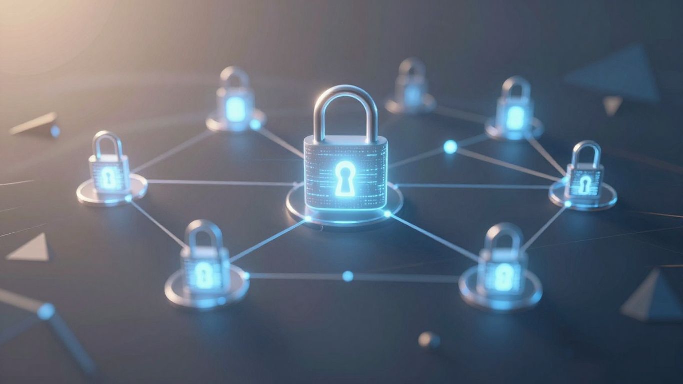 Digital padlock on a glowing network