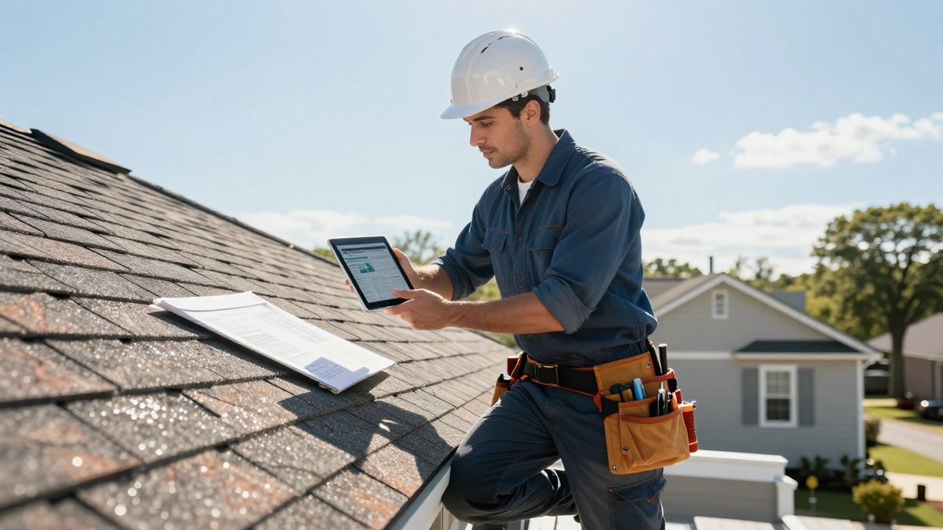 Contractor on roof with lead generation tablet.
