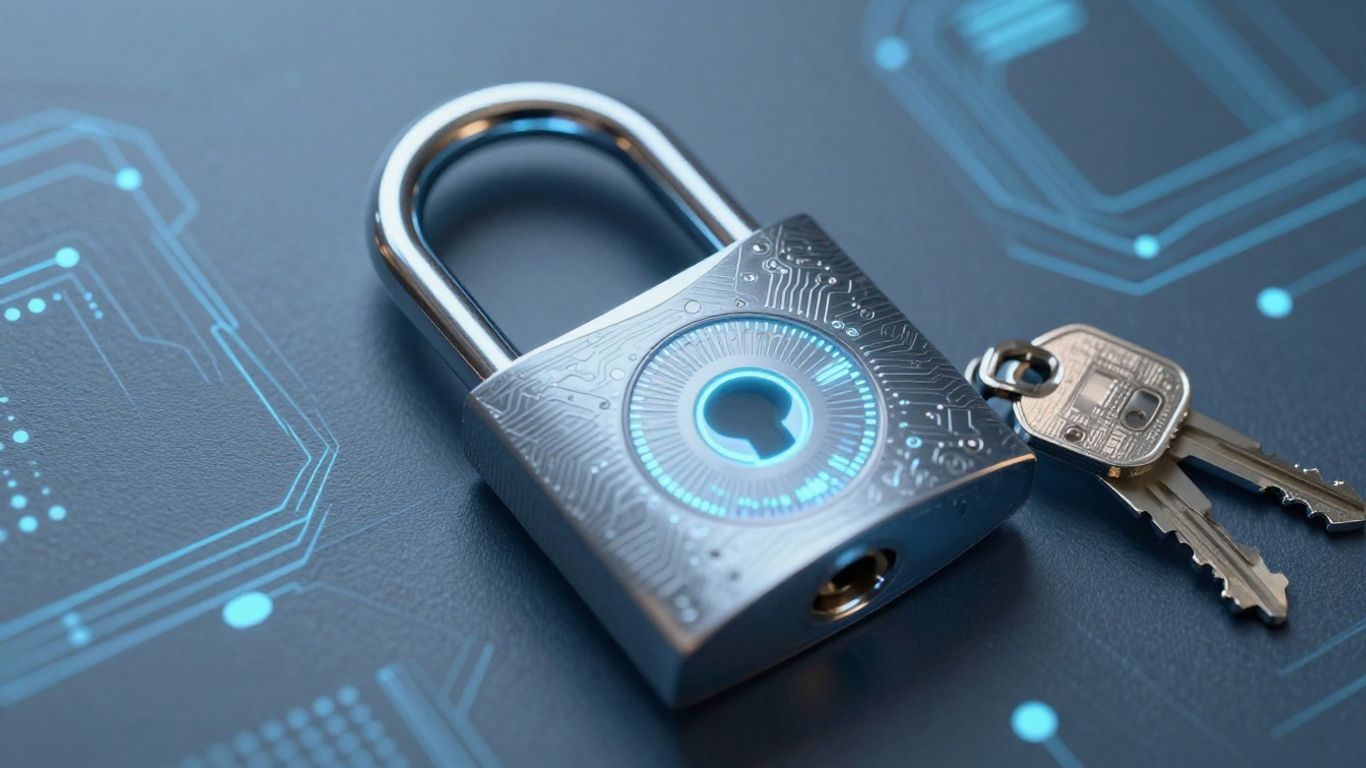 Digital key unlocking a padlock with circuitry.