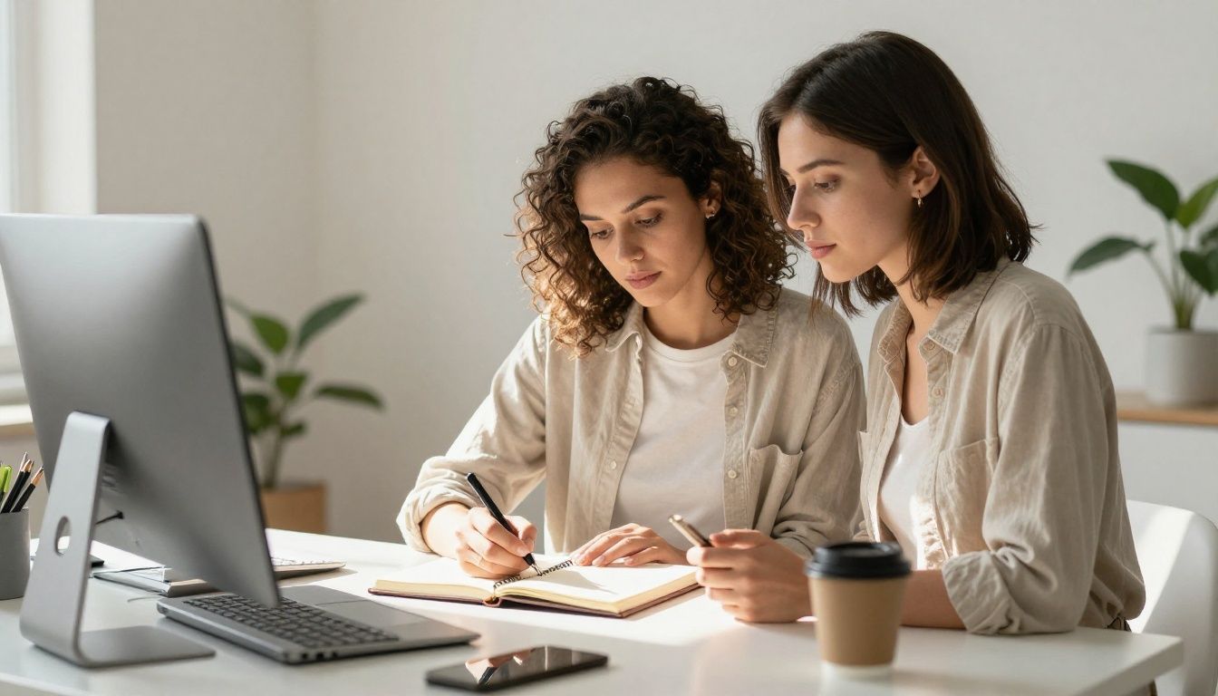 A diverse, driven woman sitting at a clean, organized desk with a notebook and coffee, looking focused and calm while sunlight streams into the room, representing intention and growth.