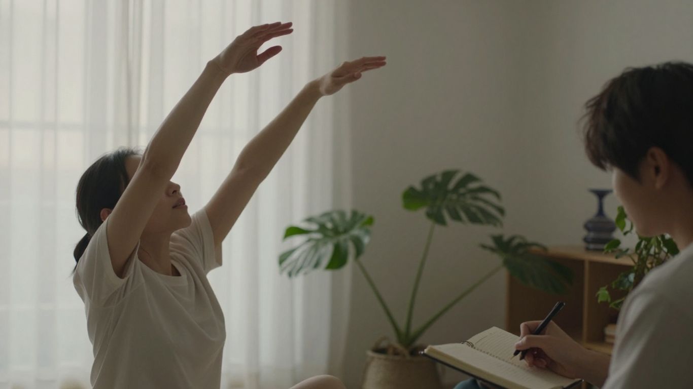 Person stretching and writing, embodying body appreciation and mindful care.