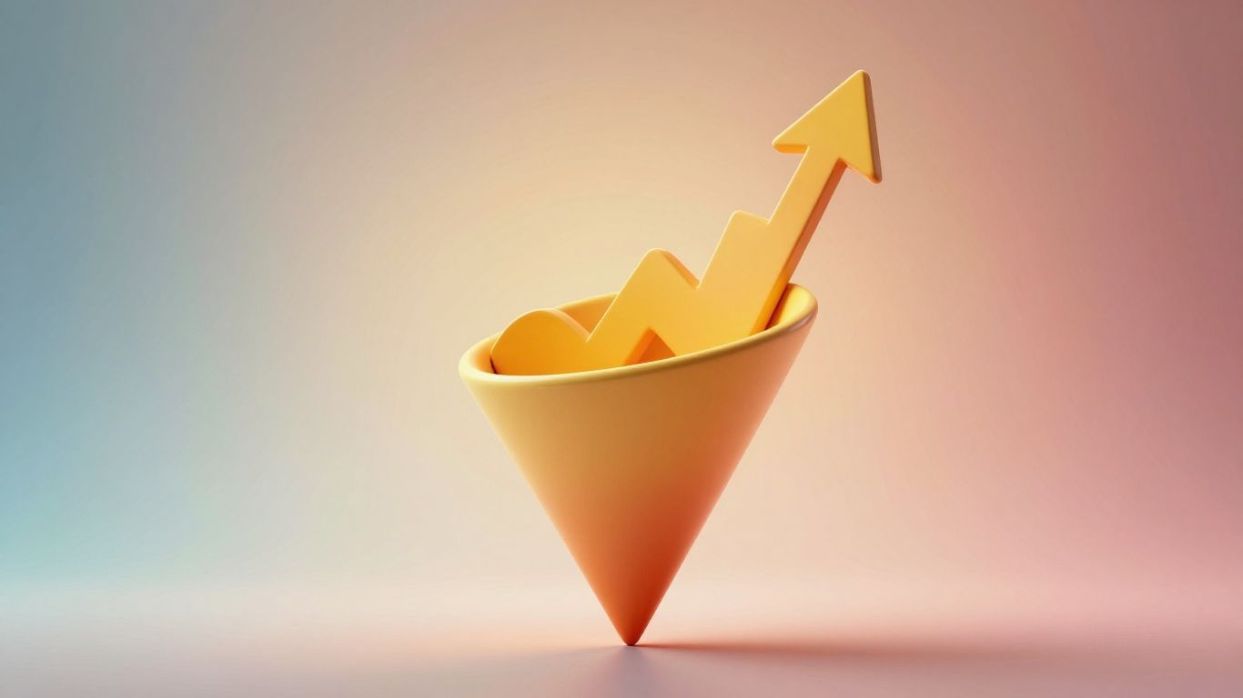 Sales funnel graphic with upward trend and abstract shapes.