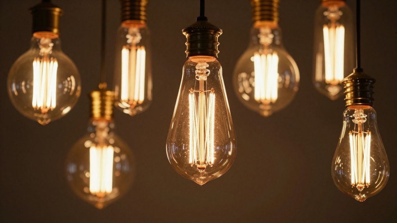 Decorative filament bulbs glowing warmly.