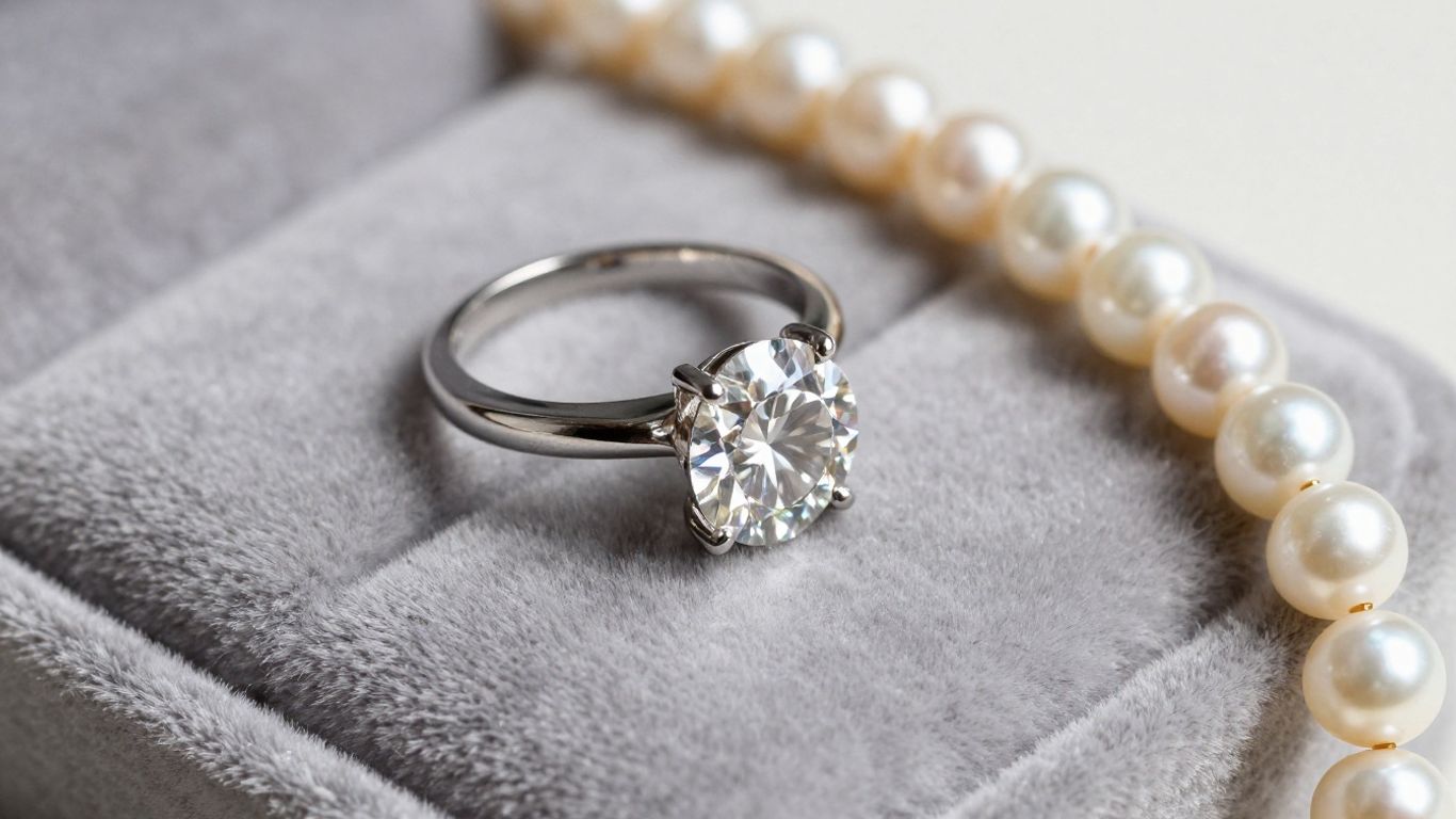 Anillo de diamantes y collar de perlas sobre terciopelo.