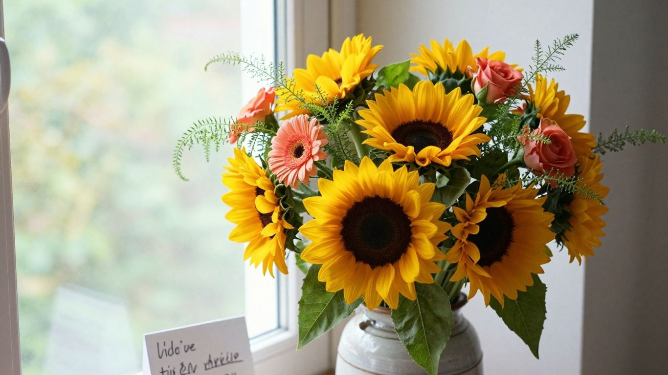 Colorful bouquet beside a handwritten card