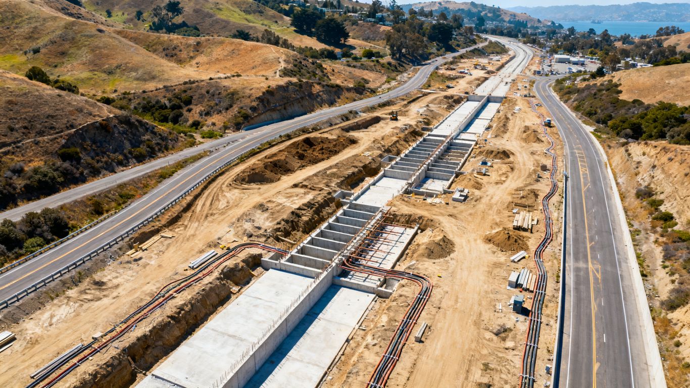 Aerial view of infrastructure and surrounding terrain