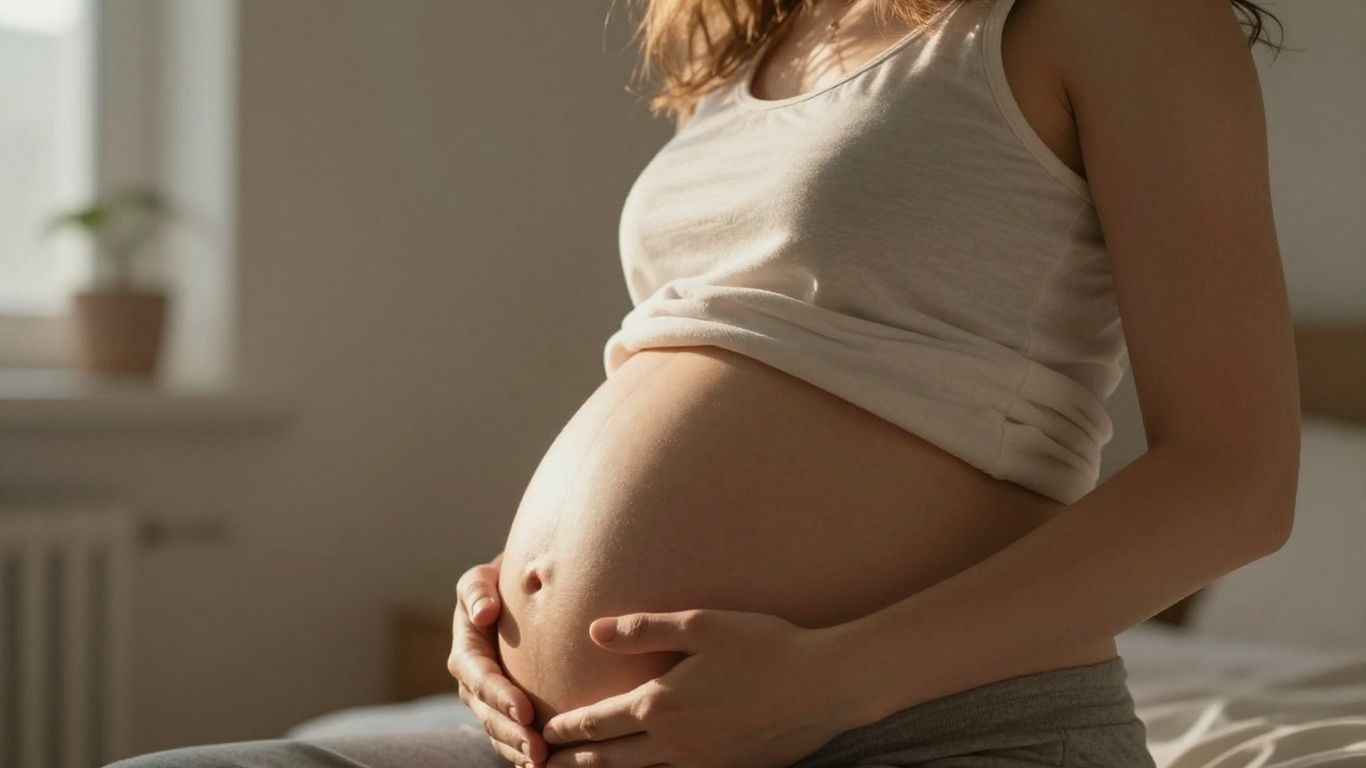 Mujer embarazada tocando su vientre con ternura.