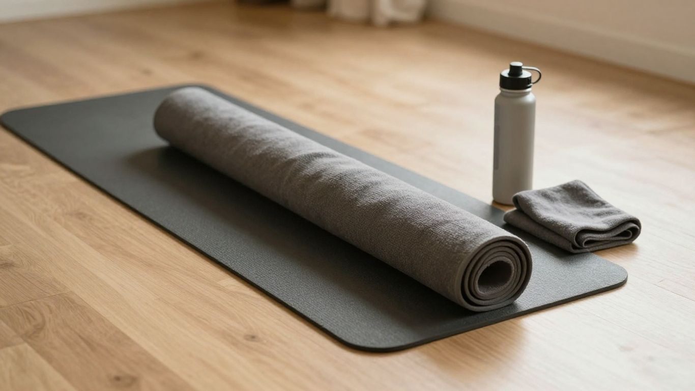 A yoga mat and towel beside a bright studio floor