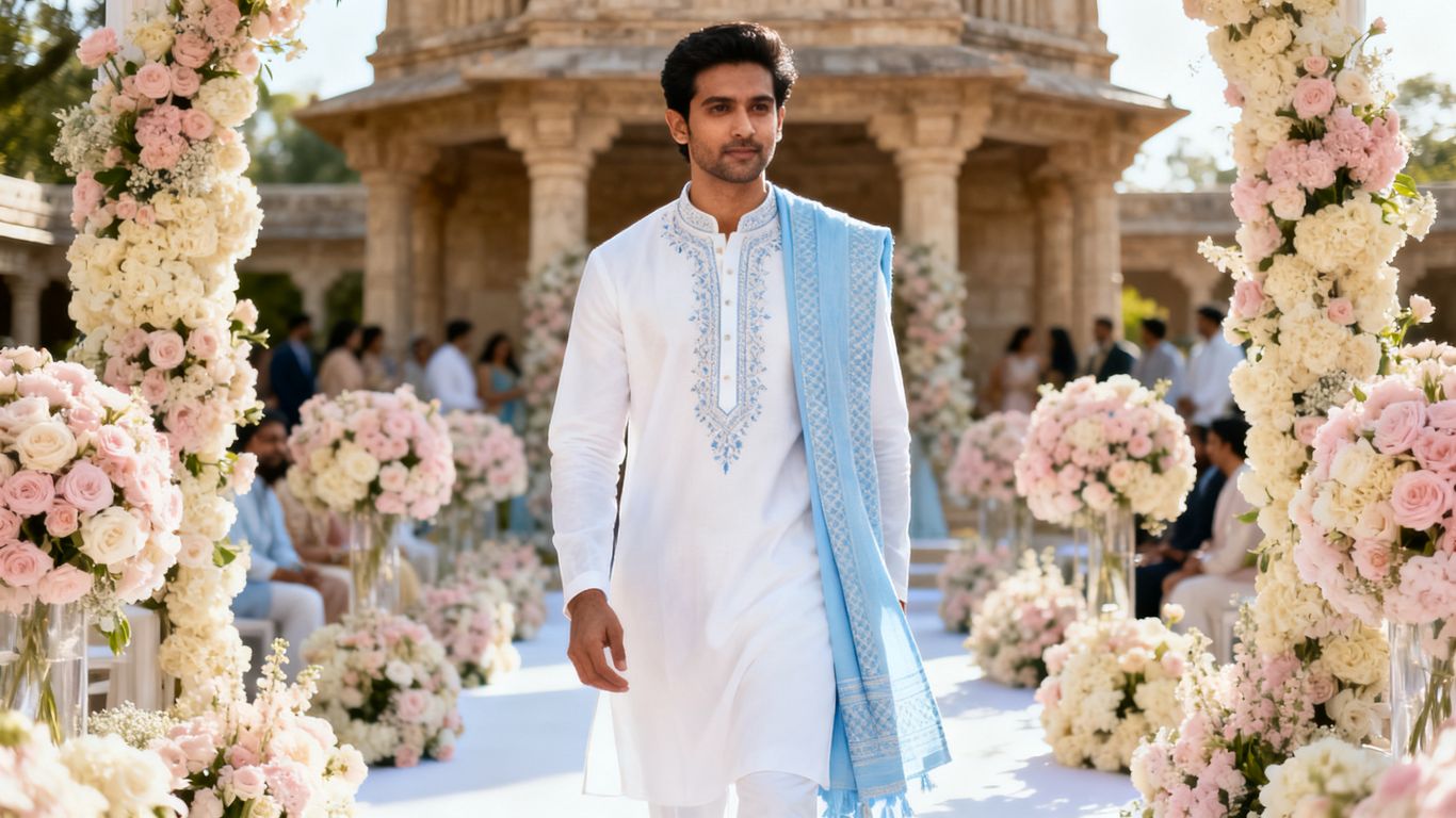 White Indian wedding outfit with pastel stole
