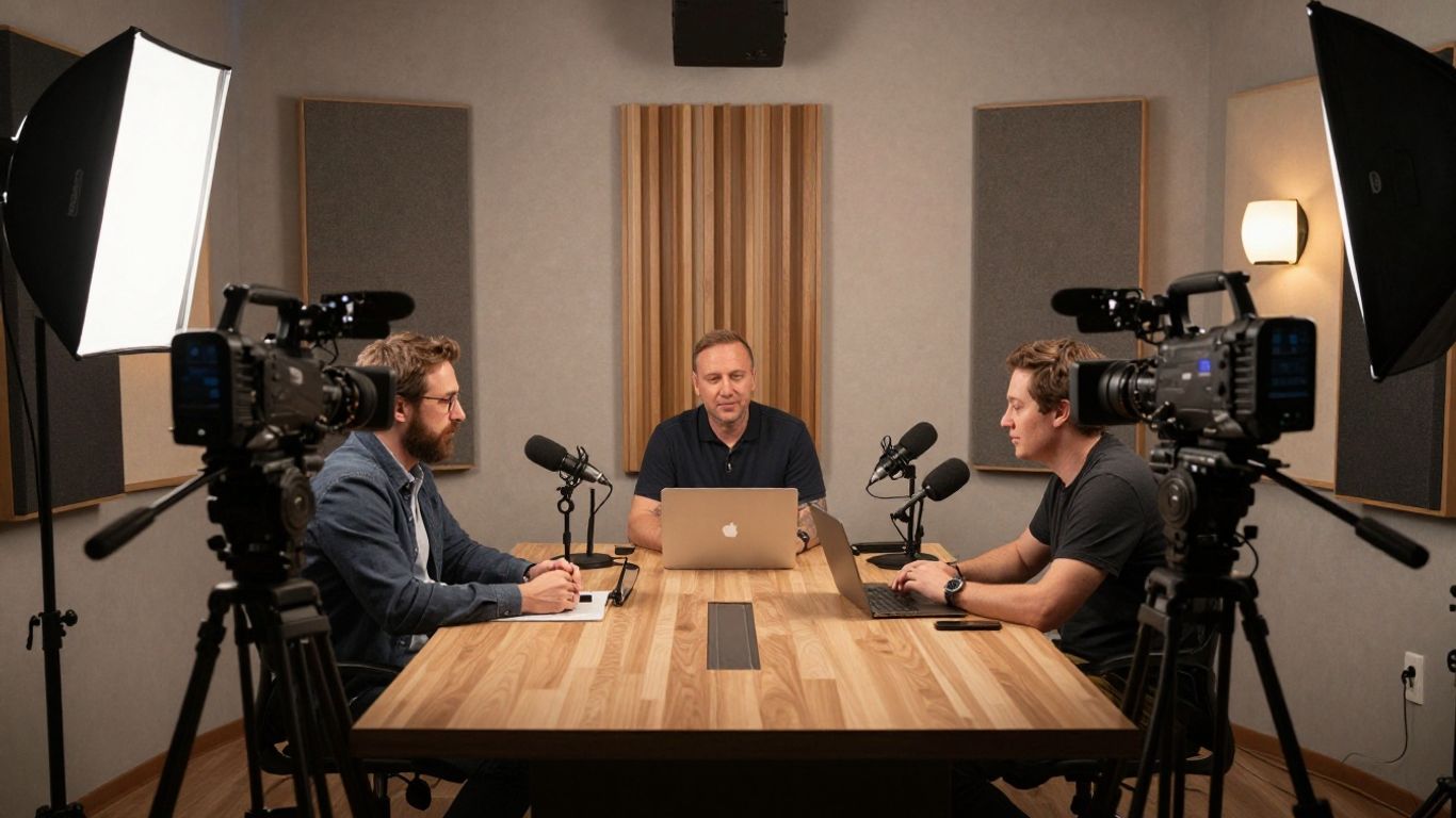 Podcast studio with cameras and warm lighting