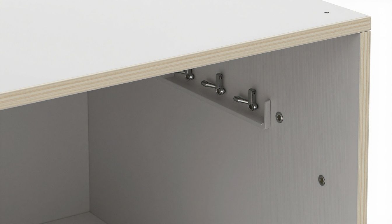 A detailed cross-section diagram of a frameless cabinet box, showing the joinery, shelving pins, and edge banding.