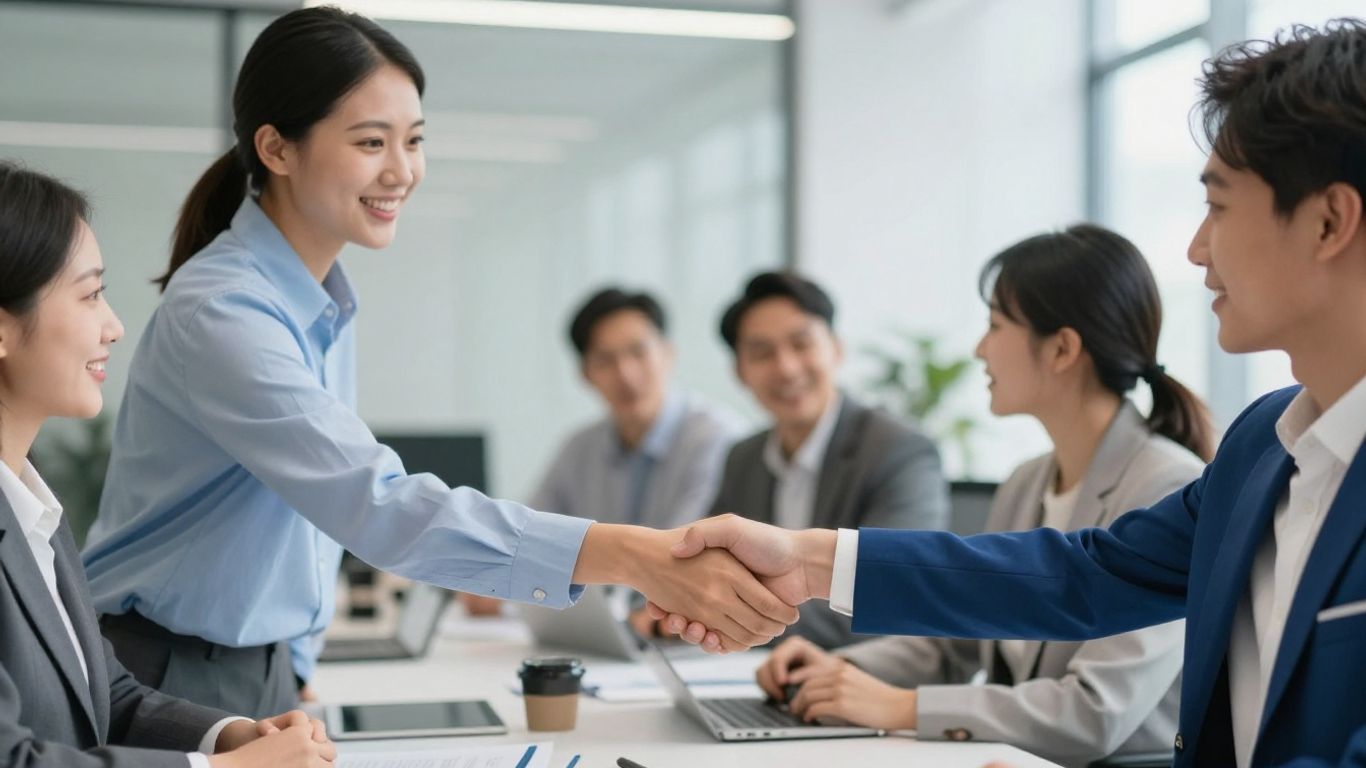 Fachkräfte schütteln sich die Hände im Büro.