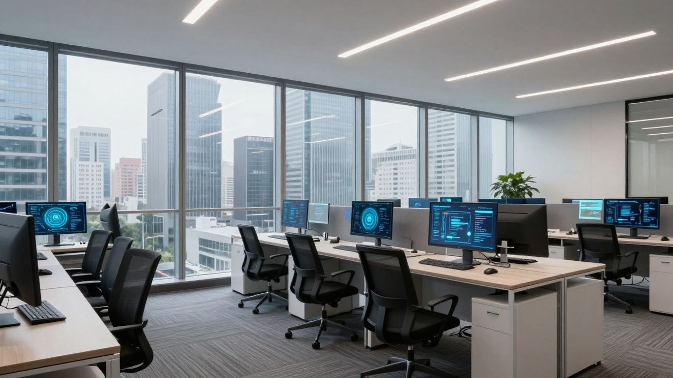 Modern office with digital interfaces and cityscape view.