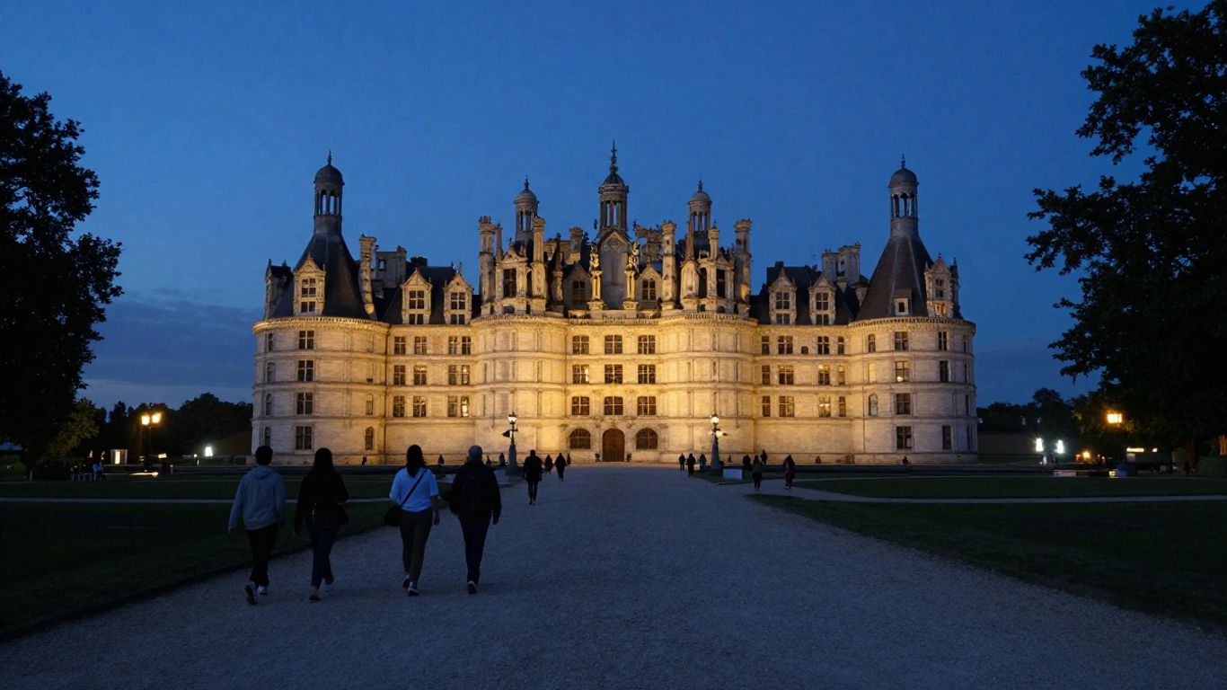 Visitors approaching Chambord at twilight