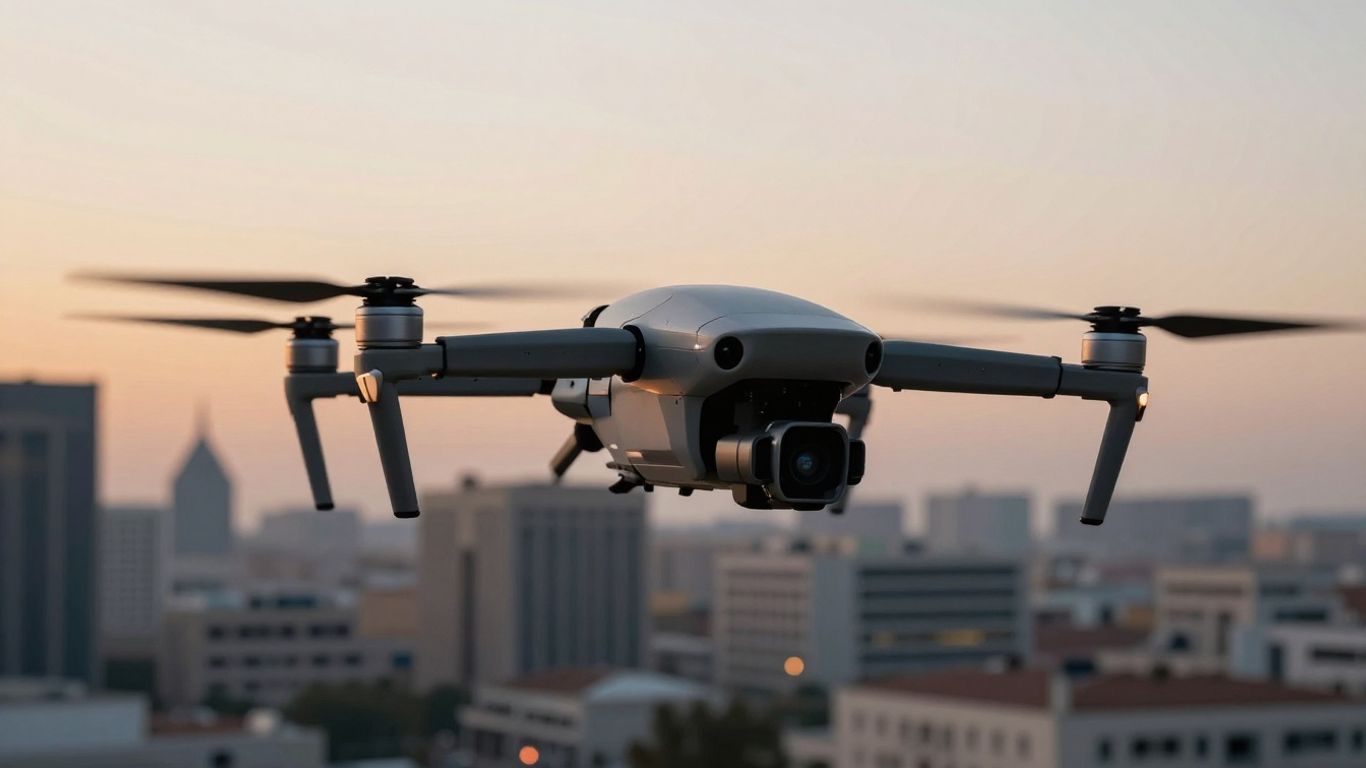 Drone flying over Gulf State city skyline at dusk.