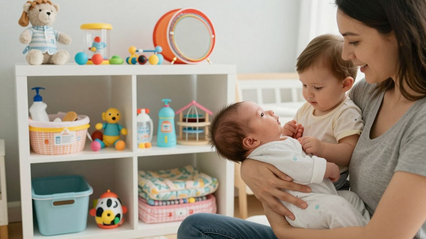 Mom with two kids, baby items, second child.