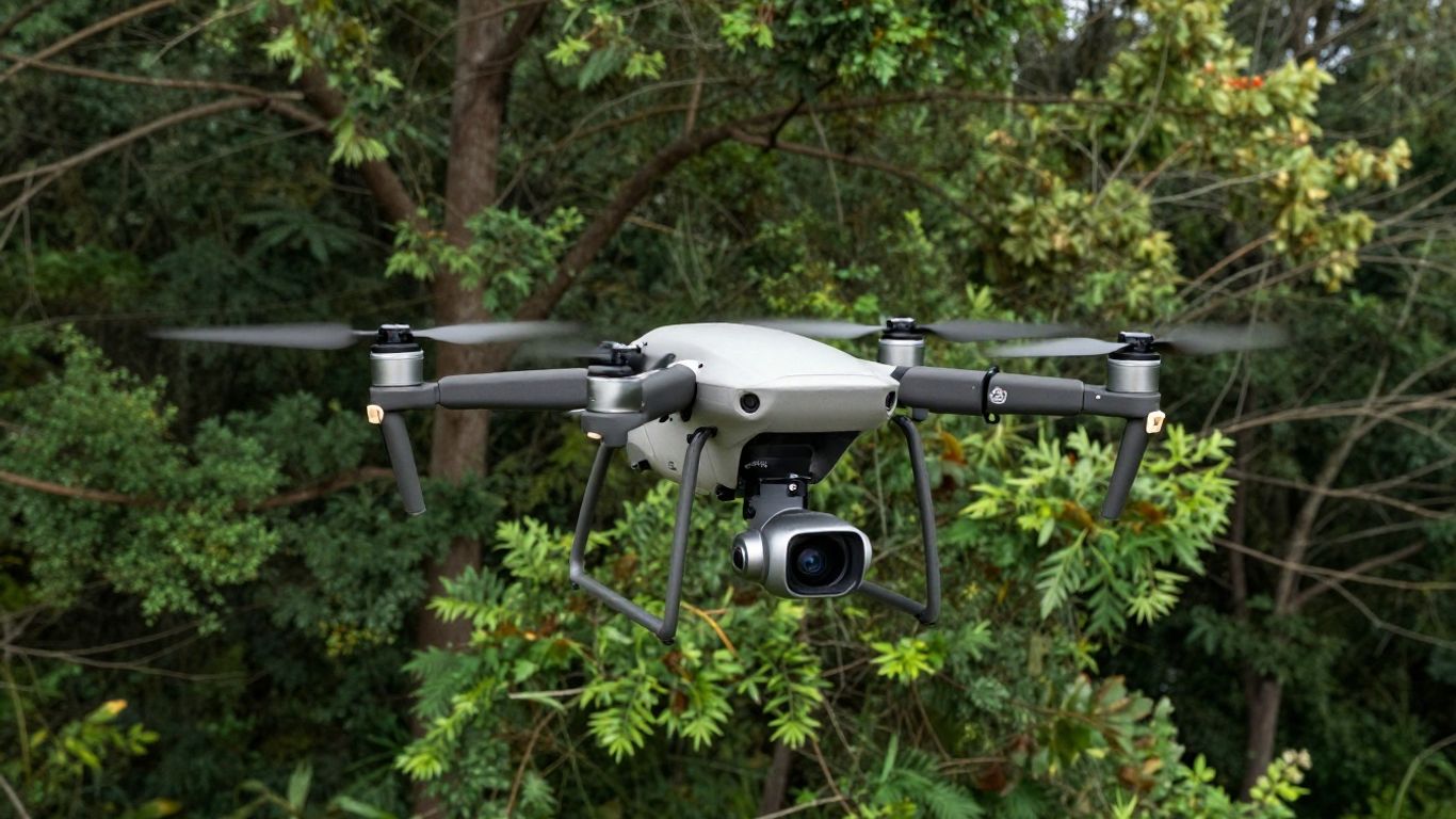 Drone inspecting vegetation near utility lines.