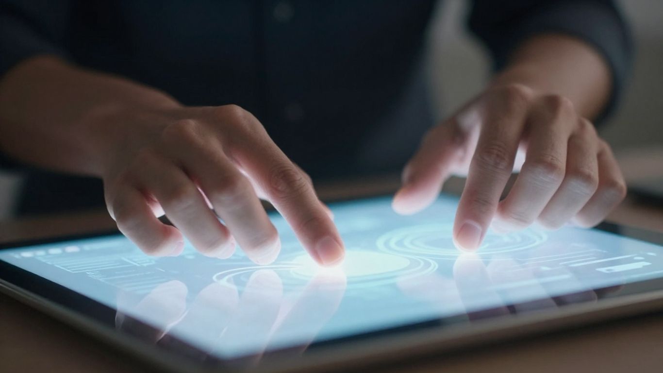 Hands interacting with a glowing digital interface.