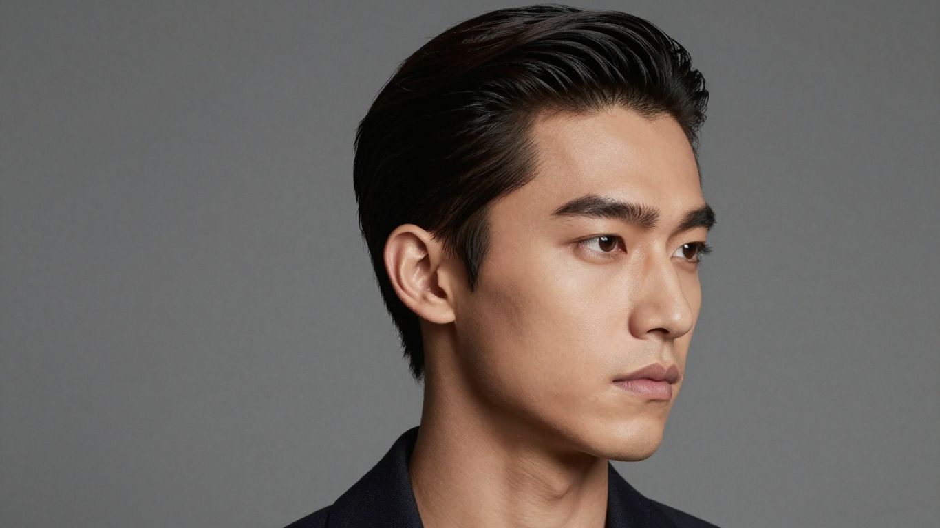 Man with slicked back black hair, clean fashion.