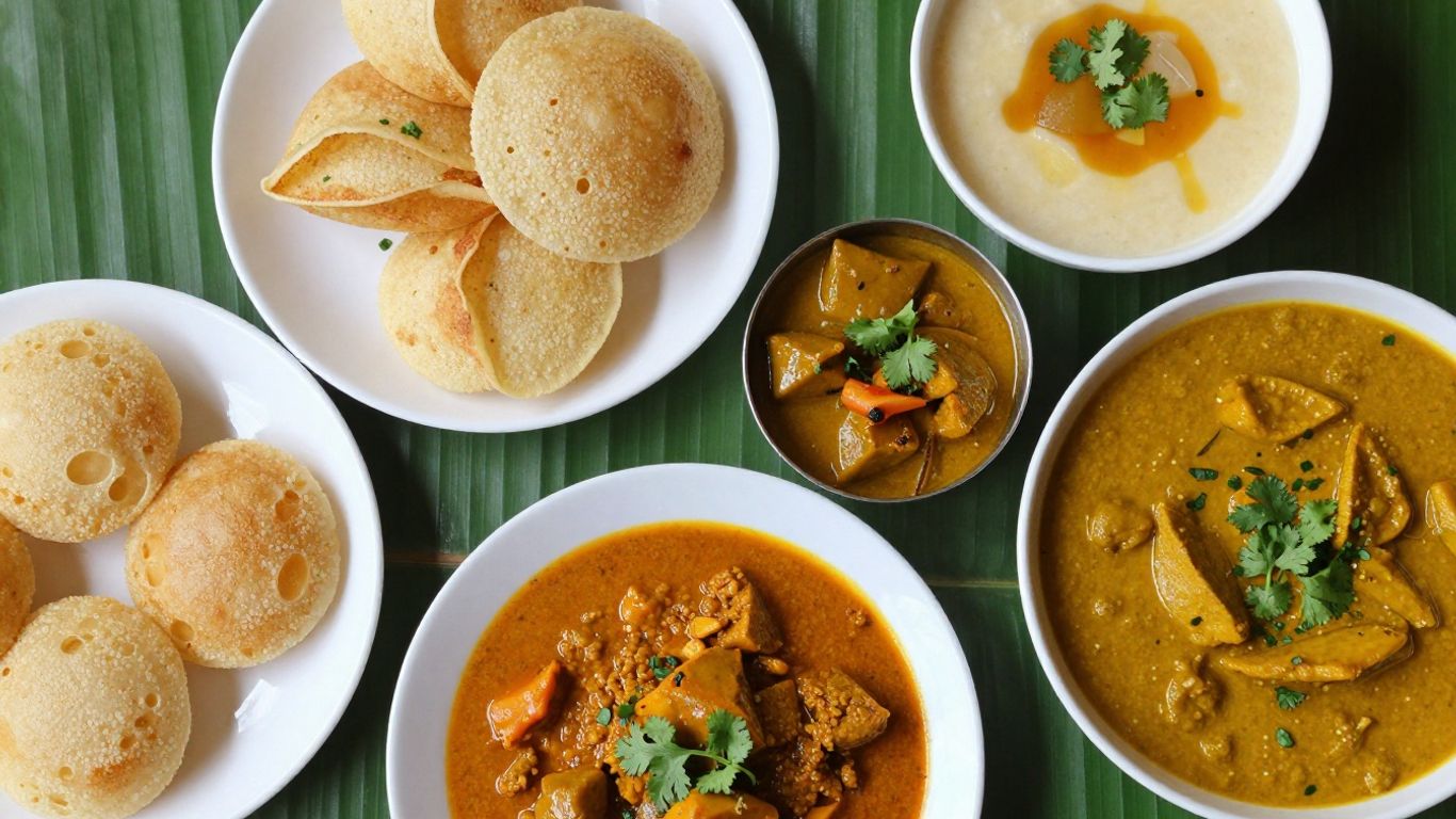 Colorful South Indian vegetarian dishes with idlis and dosas.