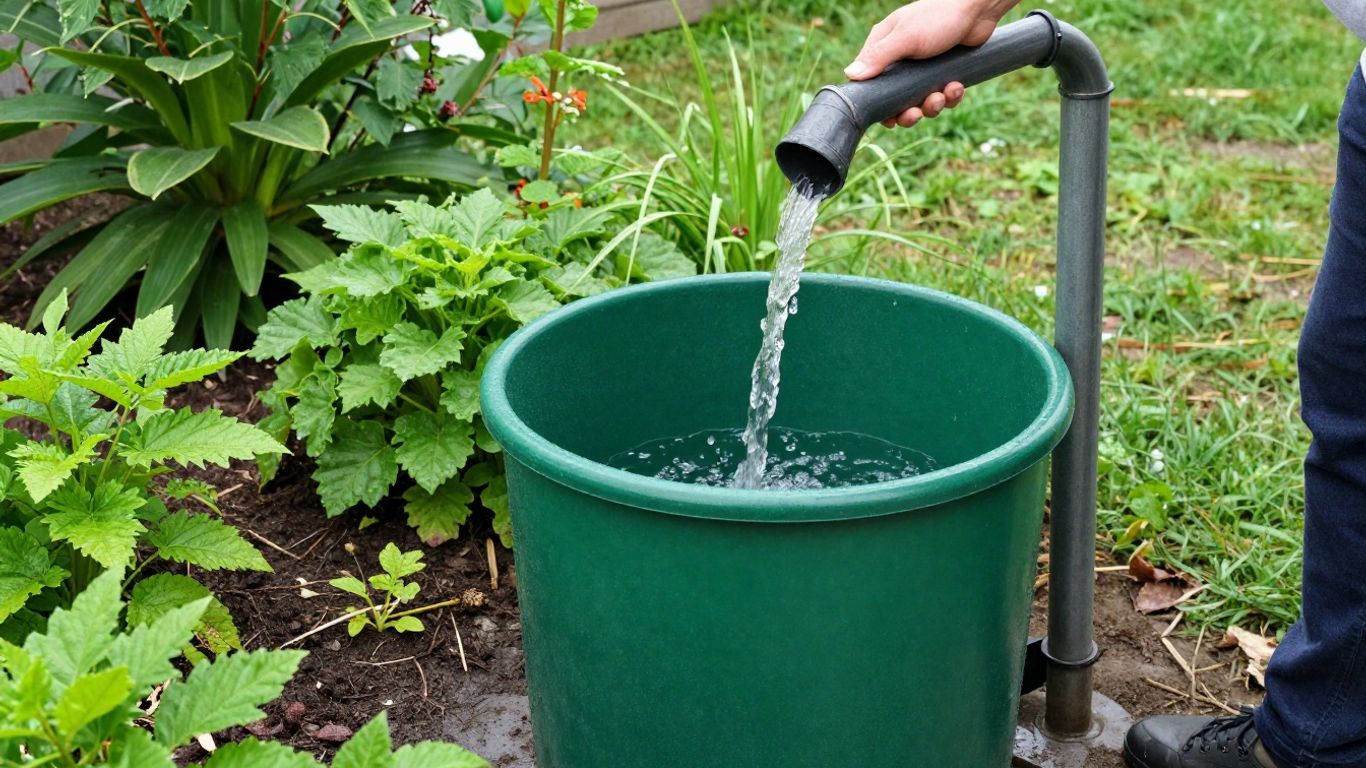 DIY rain barrel installation in a garden.