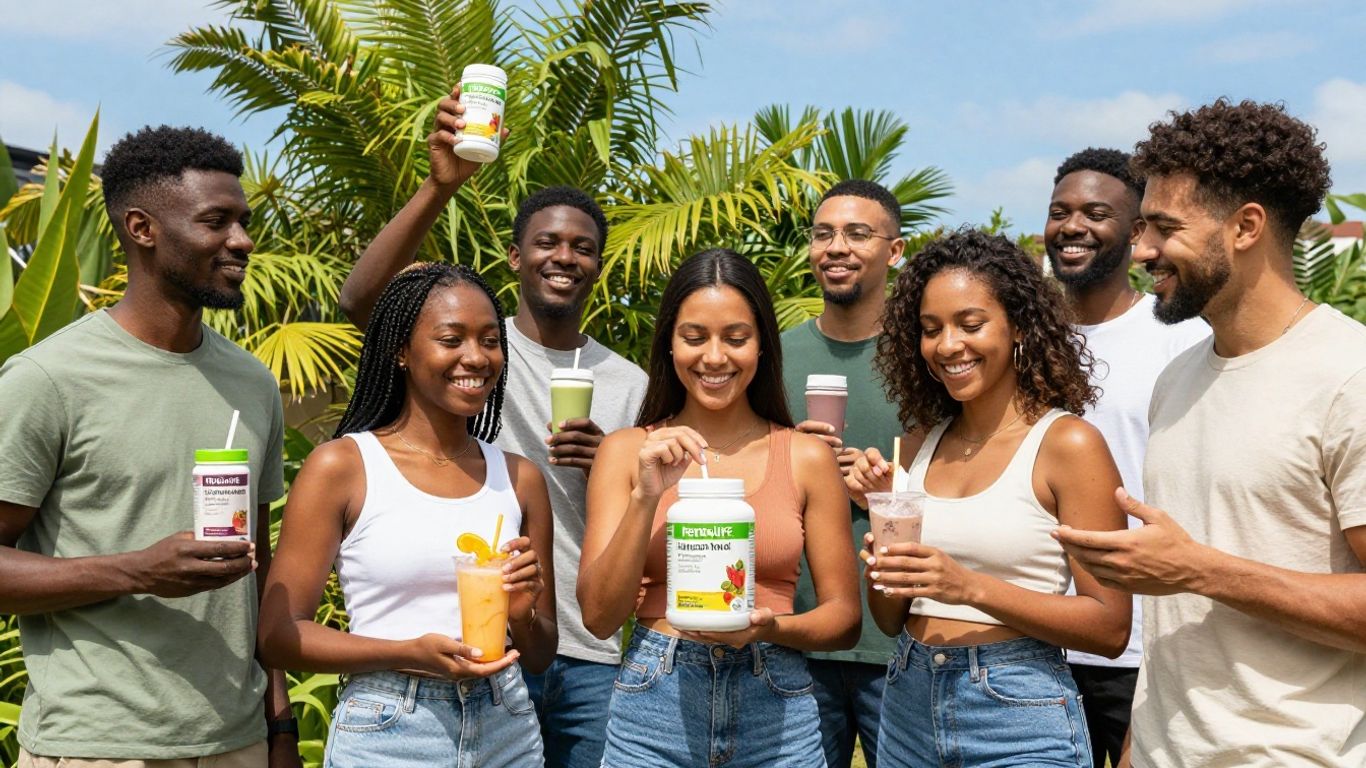 People enjoying Herbalife products in a bright, natural setting.