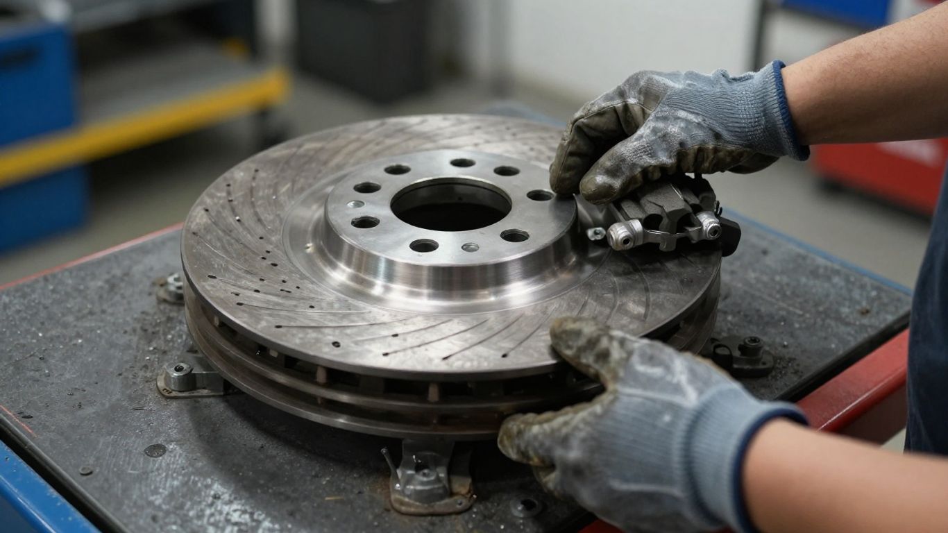 Close view of Mercedes brake components during service