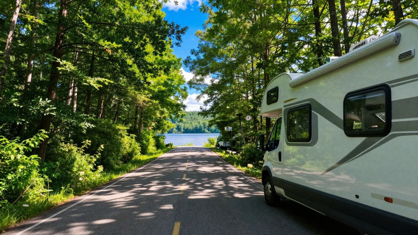 RV driving on road through forest towards lake.