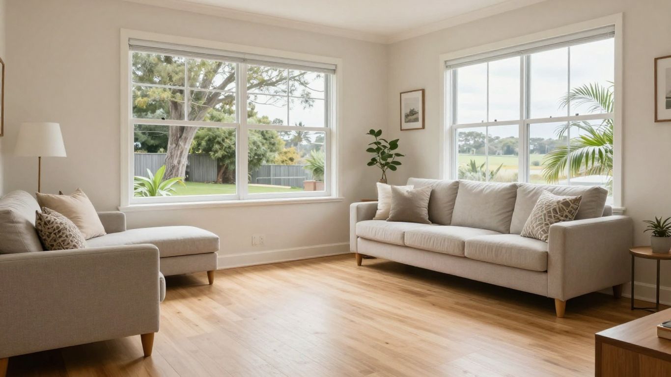 Bright, tidy short-stay living room with natural light