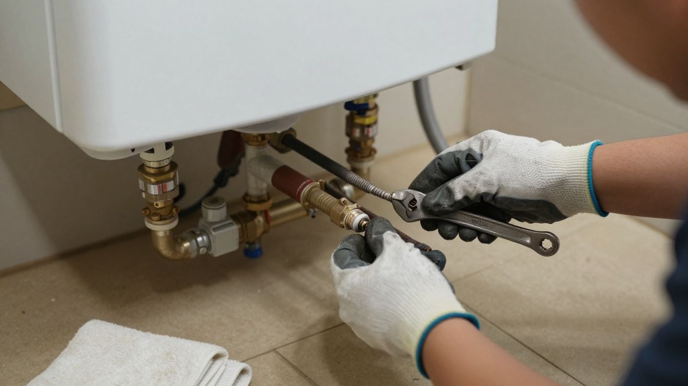 Technician tightening anode rod fitting