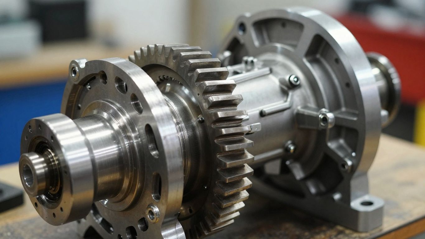 Refurbished automotive gearbox with intricate gears and metallic housing.