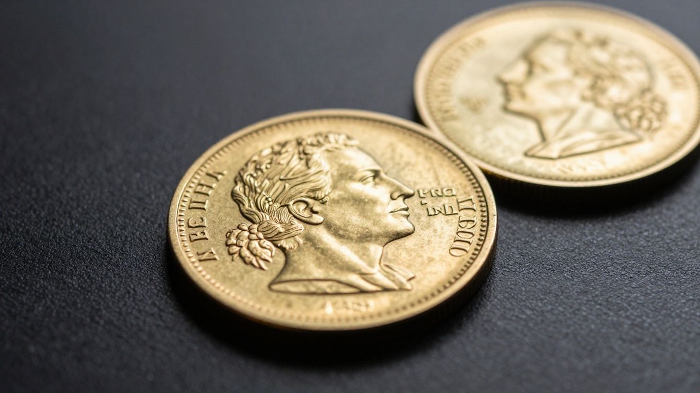 Close-up of a shiny gold coin with detailed engravings.