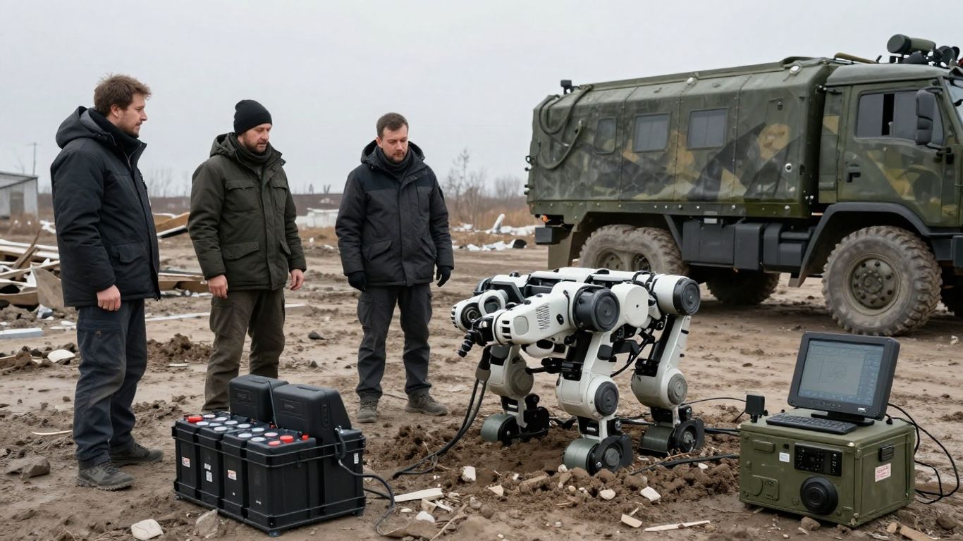 Humanoid robot tested amid rubble and field equipment